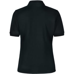 A black polo shirt featuring a collar and short sleeves, with a logo on the back.