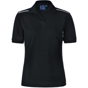 A black polo shirt for women with short sleeves and two white stripes on the shoulders. It features a logo on the chest.
