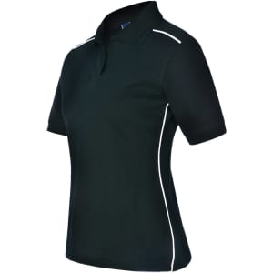 A ladies' polo shirt in black with white contrast piping and a classic collar. It features short sleeves and a logo.