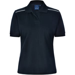 A black ladies' polo shirt with short sleeves, featuring a collar and a logo.