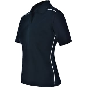 A navy polo shirt for ladies featuring contrast piping and a branded logo.