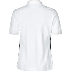 A white ladies' polo shirt featuring contrast piping on the sides and a classic collar. It has a simple design with a logo.