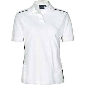 A white ladies' polo shirt featuring a collar, short sleeves, and side panel detail. Includes a logo on the front.