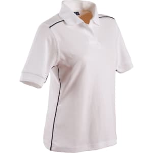 A ladies' pure cotton polo shirt in white with contrast piping along the seams. It features a collar and short sleeves.