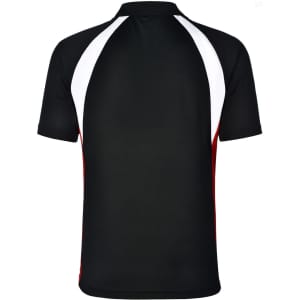 A black men's tri sport polo shirt featuring white and red accents on the sides and back, with a logo visible.
