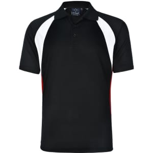 Men's tri sport polo shirt in black, featuring white and red accents and a collar. It has a logo on the front.
