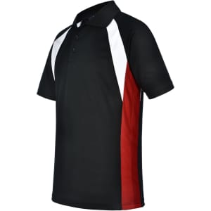 A black polo shirt with white and red accents, featuring a collar and short sleeves. It has a logo on the chest.
