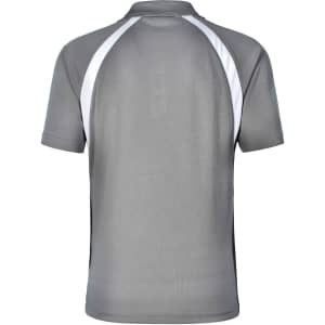 A grey men's tri sport polo shirt with white accents and a logo on the back.