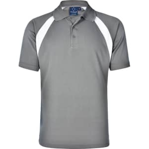 Men's tri-sport polo in grey with white accents. Features a classic polo collar and a logo on the chest.