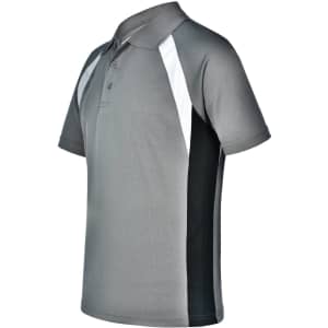 A grey and black men's tri-sport polo shirt featuring contrasting white panels and a logo.