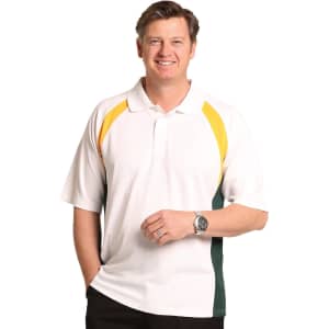 A men's tri-sport polo in white with yellow and green accents, featuring a logo on the chest.