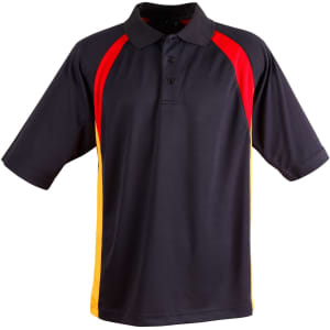 A navy blue polo shirt with red and yellow accent panels and a collar, featuring a logo.