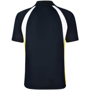 A black and white polo shirt with yellow detailing, featuring a logo on the back.
