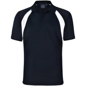 A black and white Men's Tri Sport Polo shirt with a logo on the chest and short sleeves.
