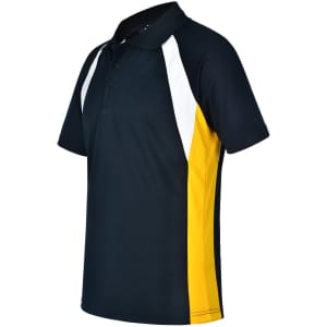 A men's polo shirt featuring a navy body with white and yellow side accents, and a three-button placket.