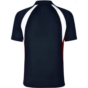 A men's tri sport polo featuring a navy base with white and red accents. It has a logo on the chest area.