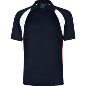 Men's tri sport polo featuring black, white, and red colour blocks with a collar and a logo on the chest.