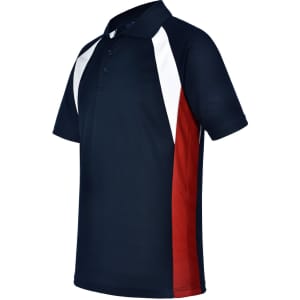 Men's tri-sport polo in navy with white and red accents, featuring a collar and a logo.