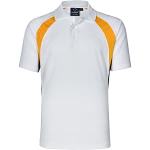 A men's polo shirt in white with orange and black accents, featuring a collar and a logo on the chest.