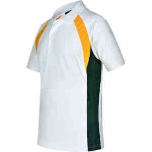 A white polo shirt with green and yellow accents, featuring a logo on the chest.