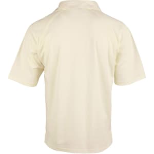 A light cream men's cricket polo shirt featuring short sleeves and a collar, with a logo on the fabric.