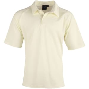 A light yellow men's cricket polo shirt with short sleeves and a collar, featuring a logo.