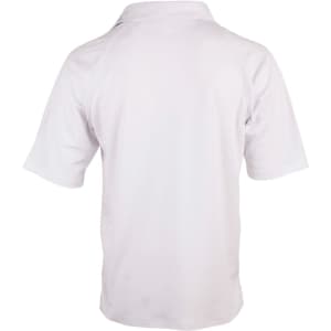 A white men's cricket polo shirt featuring a classic design and short sleeves, with a logo on the back.