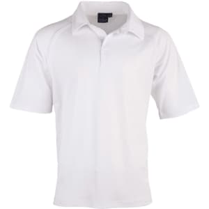 A white men's cricket polo shirt featuring a collared neck and short sleeves, with a logo on the chest.