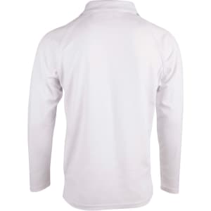 A white long sleeve cricket polo shirt with a classic collar and a logo on the back.