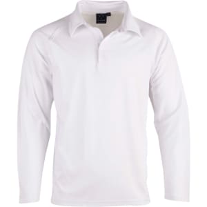 A long-sleeve white cricket polo shirt with a collar and a branding logo.
