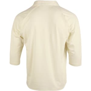 A cream-coloured men's 3/4 sleeve cricket polo shirt with a back view and a logo on the side.