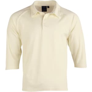 A light cream, men's 3/4 sleeve cricket polo shirt with a collar and a logo on the chest.