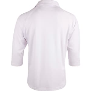 A mens 3/4 sleeve cricket polo in white, featuring a classic collar and a logo on the back.