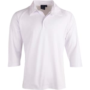 A white men's 3/4 sleeve cricket polo shirt with a collar and a logo.