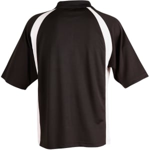 A black and white men's polo shirt with short sleeves and a collar, featuring a logo on the front.