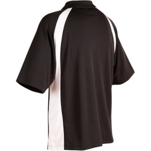 A black and white men's polo shirt featuring a sporty design and a logo on the front.