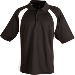 A black and white men's polo shirt featuring a collar and short sleeves, with a logo on the chest.