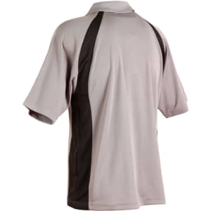 A grey and black men's polo shirt featuring a classic design and a logo.