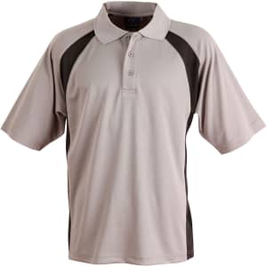A grey and black men's polo shirt with short sleeves and a collar. It features a logo on the front.