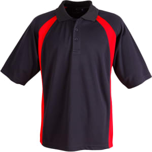 A black and red polo shirt with short sleeves and a collar, featuring a logo on the chest.