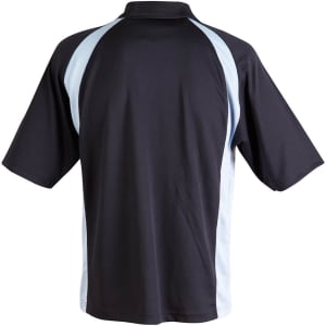 A black and light blue men's polo shirt featuring short sleeves and a collar, with a logo on it.