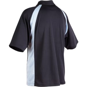 A black and light blue men's polo shirt with a standard collar and short sleeves, featuring a branded logo.