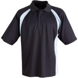 A black and light blue men's polo shirt with a collar and short sleeves, featuring a logo on the chest.