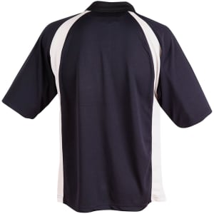 A men's polo shirt in navy blue with white accents and a logo on the back.