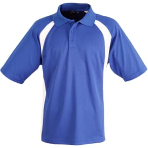 Men's polo shirt in blue with white side panels, featuring a collar, short sleeves, and a logo.