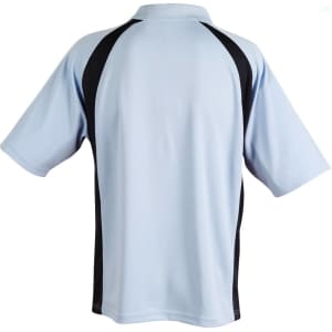 A men's polo shirt in light blue with black side panels and a collar, featuring a logo on the back.