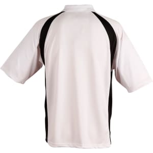A men's polo shirt in white with black accents, featuring a logo on the side.