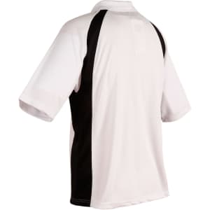 A men's polo shirt featuring a white body with black accents and a logo on the back.
