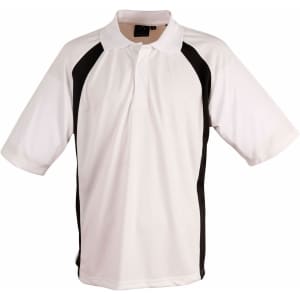 A white and black Men's Athens Sport Polo featuring a contrasting design and a logo.