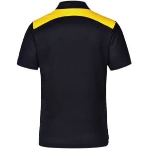 A black polo shirt with a yellow shoulder design and a logo on the back.